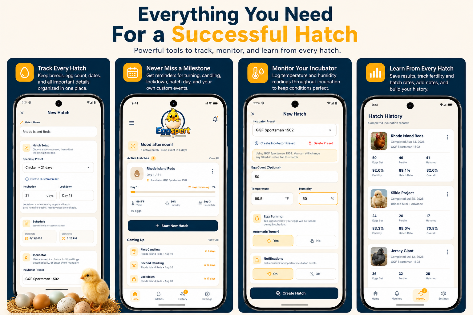 Eggspert app features including hatch tracking, reminders, environment monitoring and hatch history